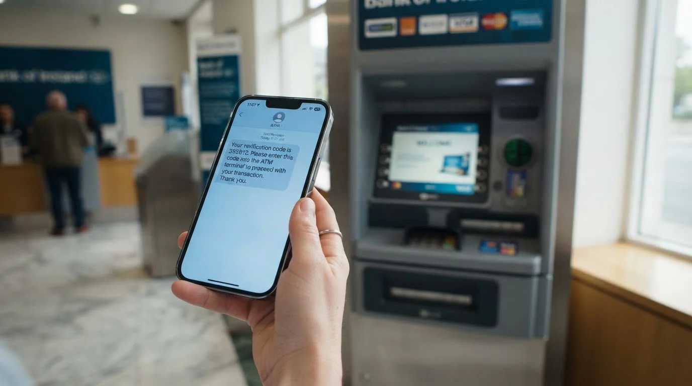 Persona revisando saldo disponible en cajero de banco tras retirada instantánea con HalCash