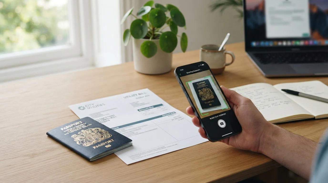 Documentos de verificación KYC sobre escritorio ordenado