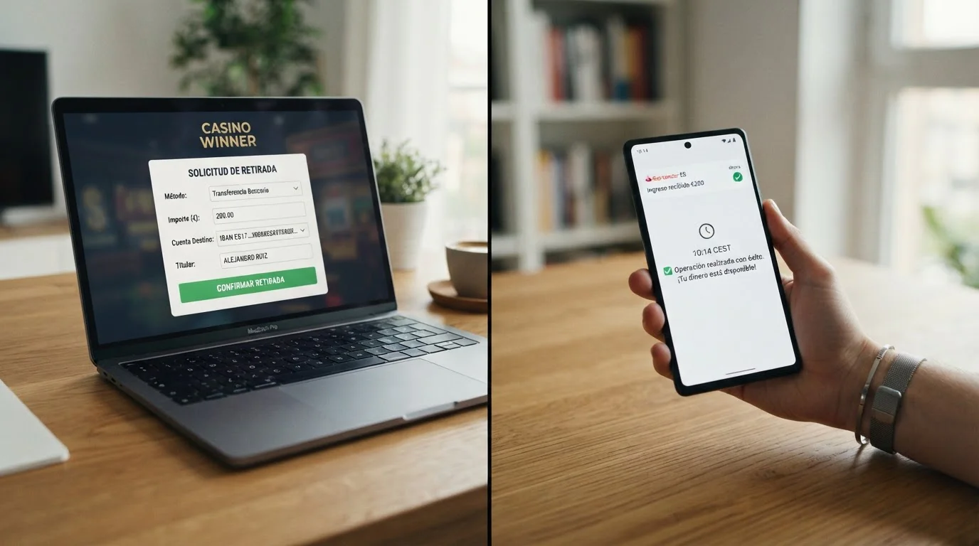 Split-screen laptop mostrando formulario retirada y smartphone con notificación ingreso 200 euros
