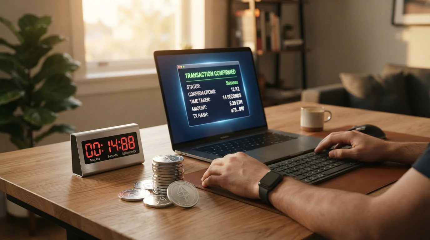 Reloj digital mostrando tiempo corto con laptop y tokens cripto simbolizando velocidad