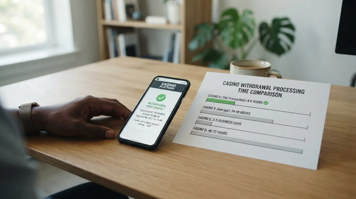 Smartphone con notificación de retiro completado y gráfico de tiempos de procesamiento por casino