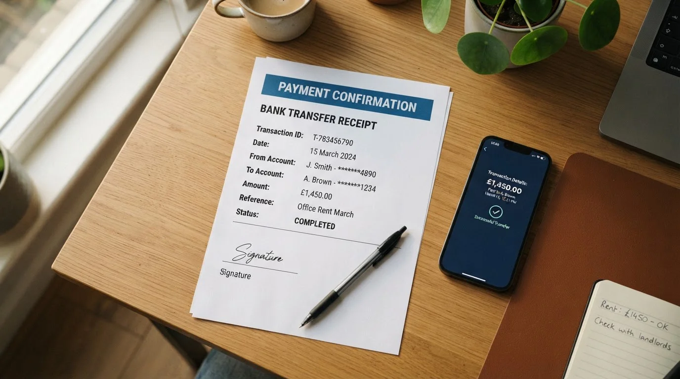 Documento de retiro bancario en mesa de oficina