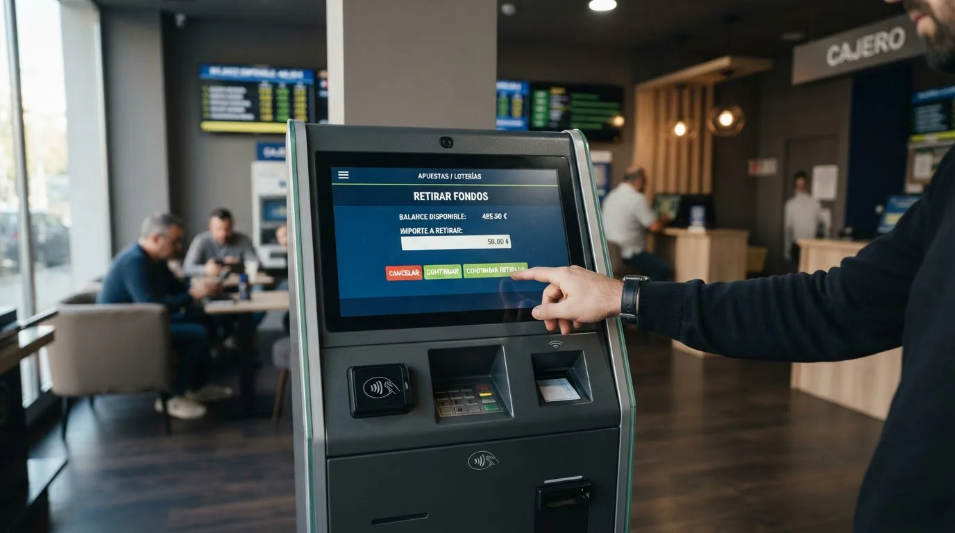 Terminal de cobro físico en local de apuestas con pantalla de retiro