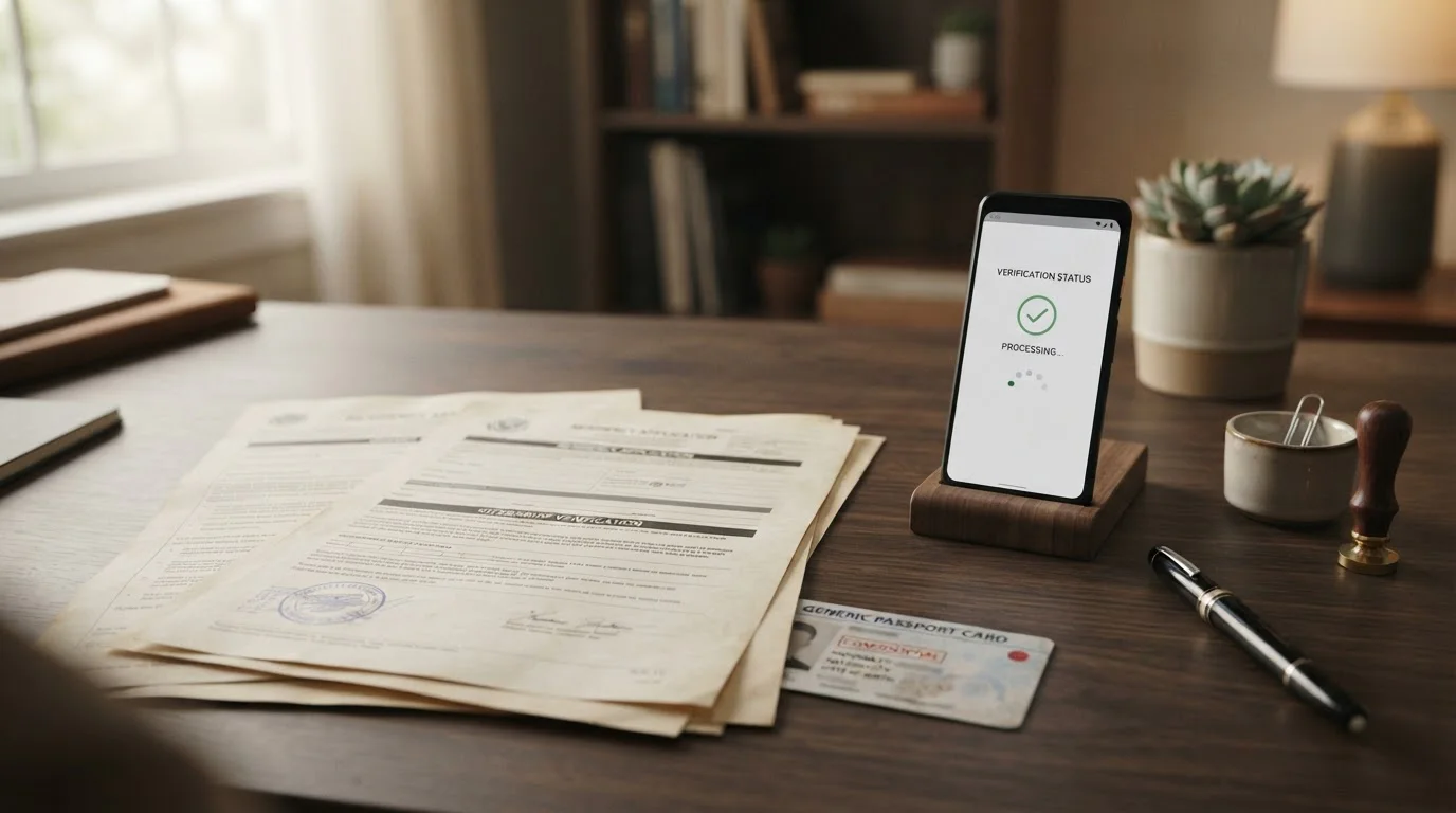 Documento de verificación KYC y smartphone mostrando proceso de retiro