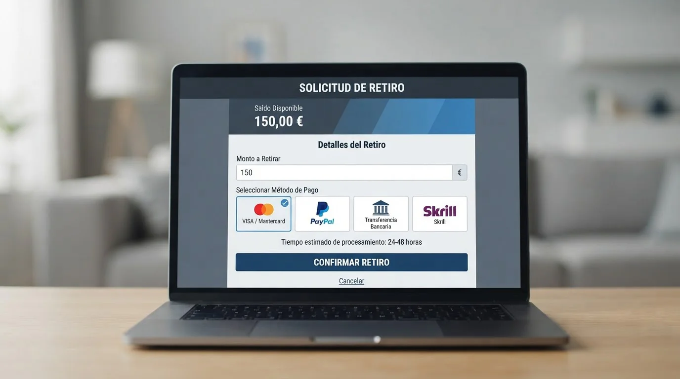 Pantalla de solicitud de retiro en casino online mostrando saldo de 150 euros con opciones de método de pago y tiempo estimado 24-48h