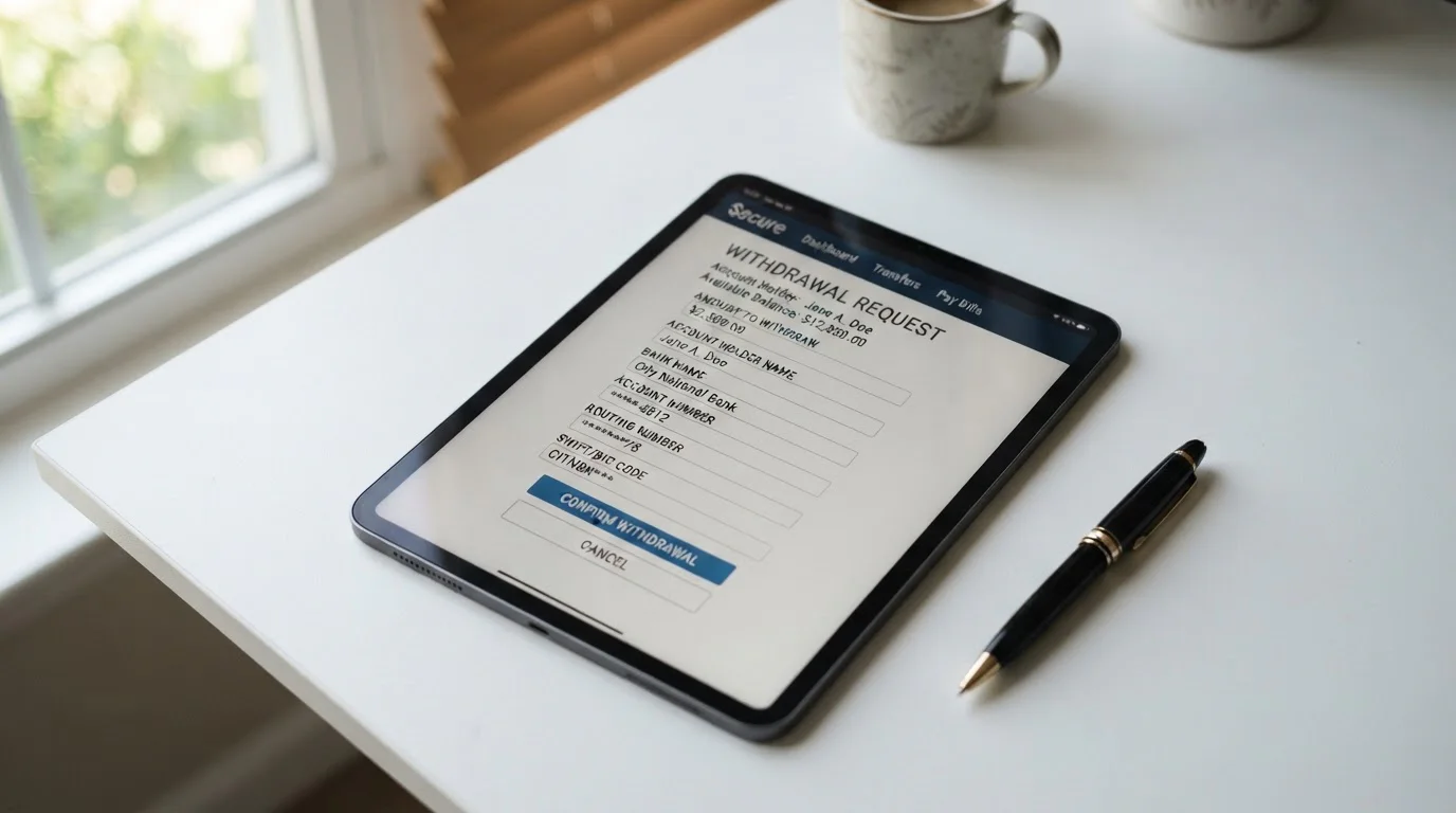 Tablet mostrando formulario de retiro bancario con campos de cantidad y datos