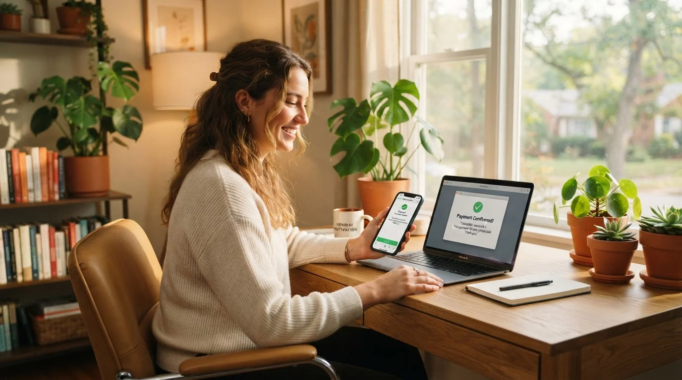 Persona revisando notificación de transacción exitosa en laptop con postura relajada