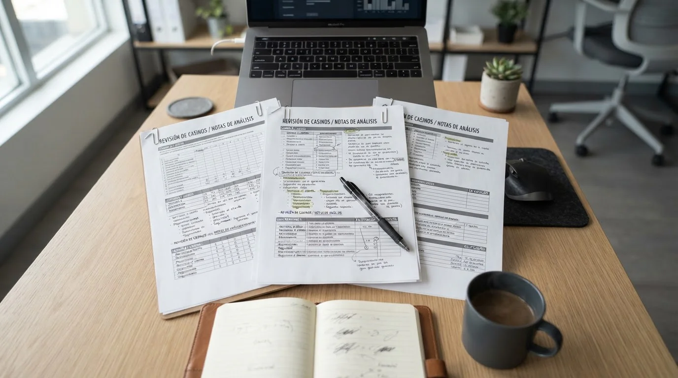 Mesa con documentos de revisión de casinos y notas manuscritas sobre características de cada operador