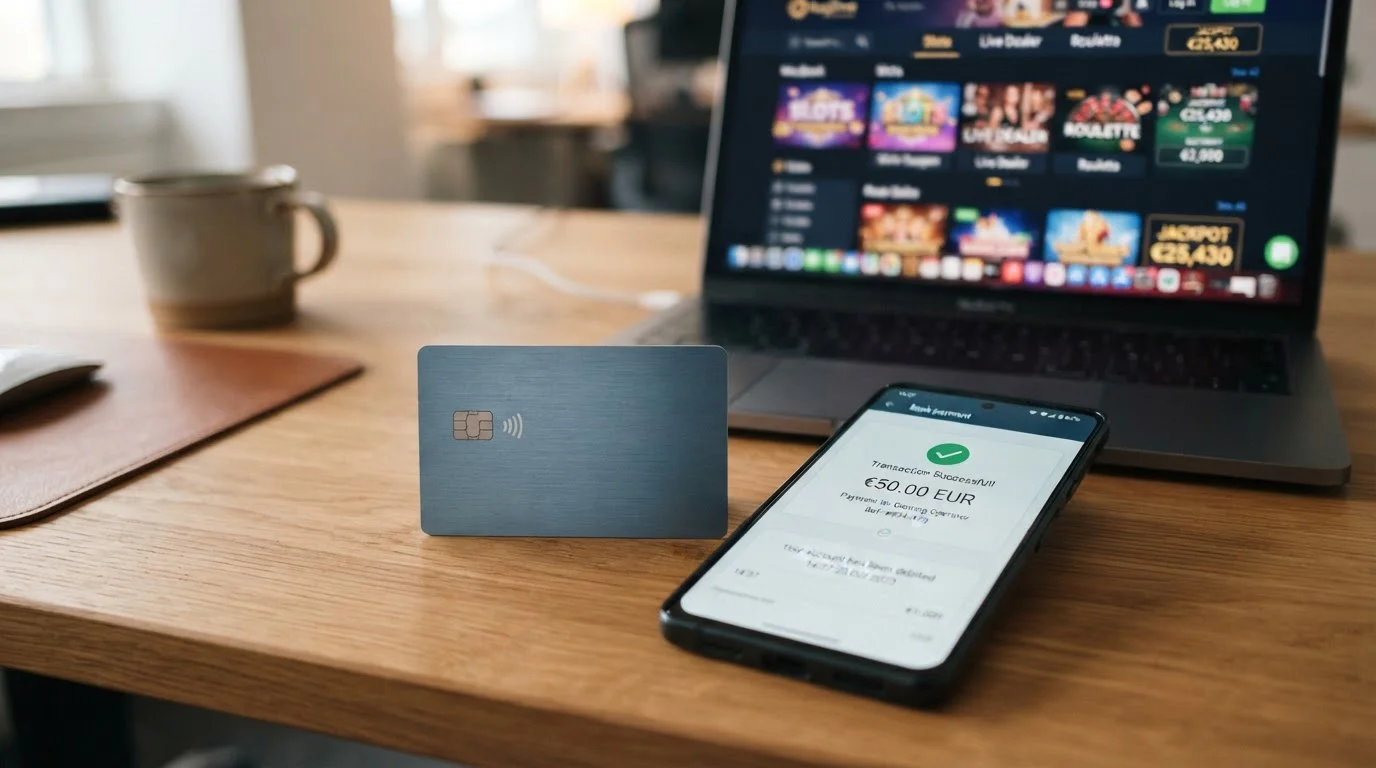 Tarjeta genérica junto a smartphone con confirmación de pago