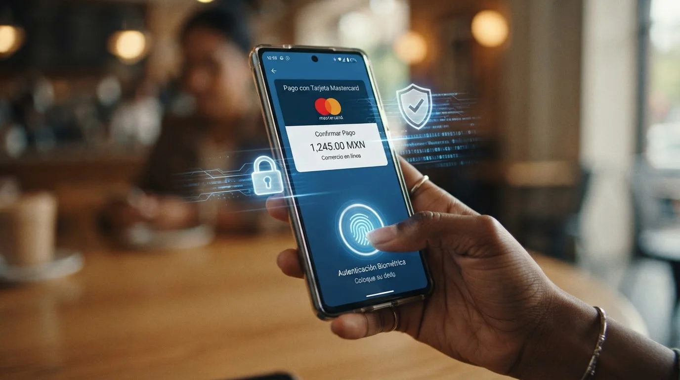 Smartphone mostrando autenticación biométrica para pago con Mastercard