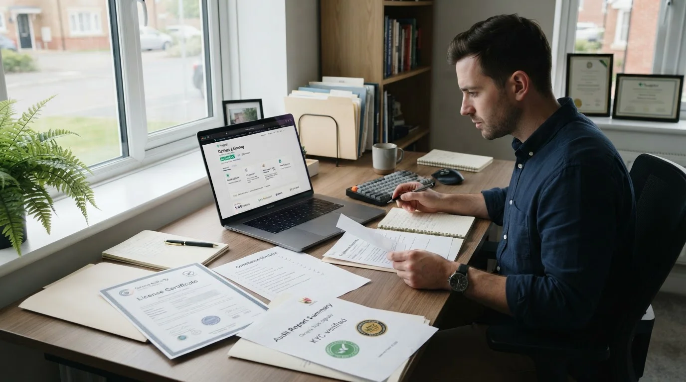 Persona en escritorio con documentos de verificación de licencia y laptop mostrando reseñas de Trustpilot