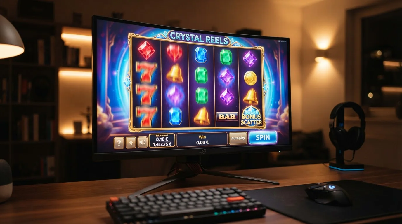 Pantalla de monitor con slot machine genérico mostrando apuesta de 0,10 euros