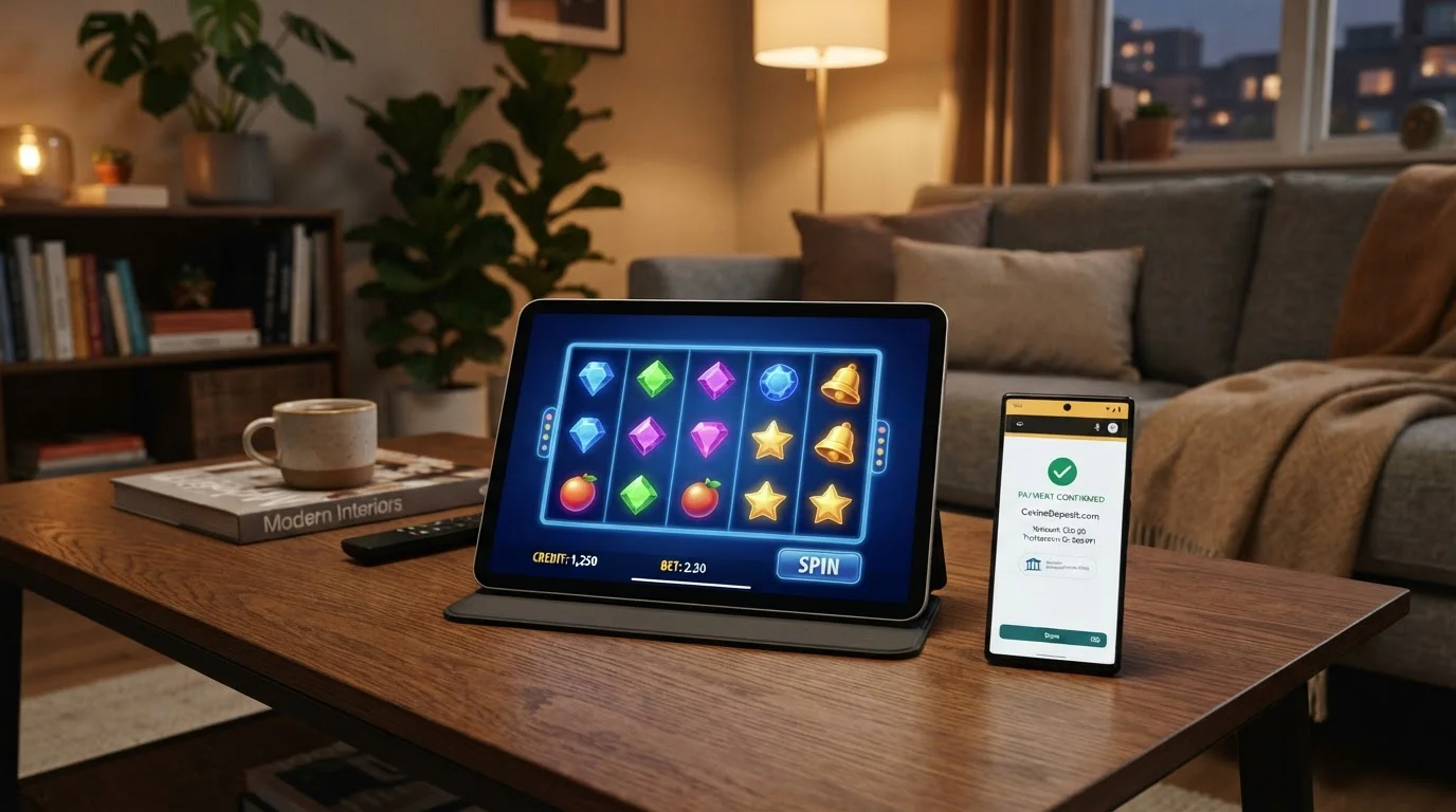 Tablet mostrando juegos de casino slots y smartphone con confirmación pago Bizum España