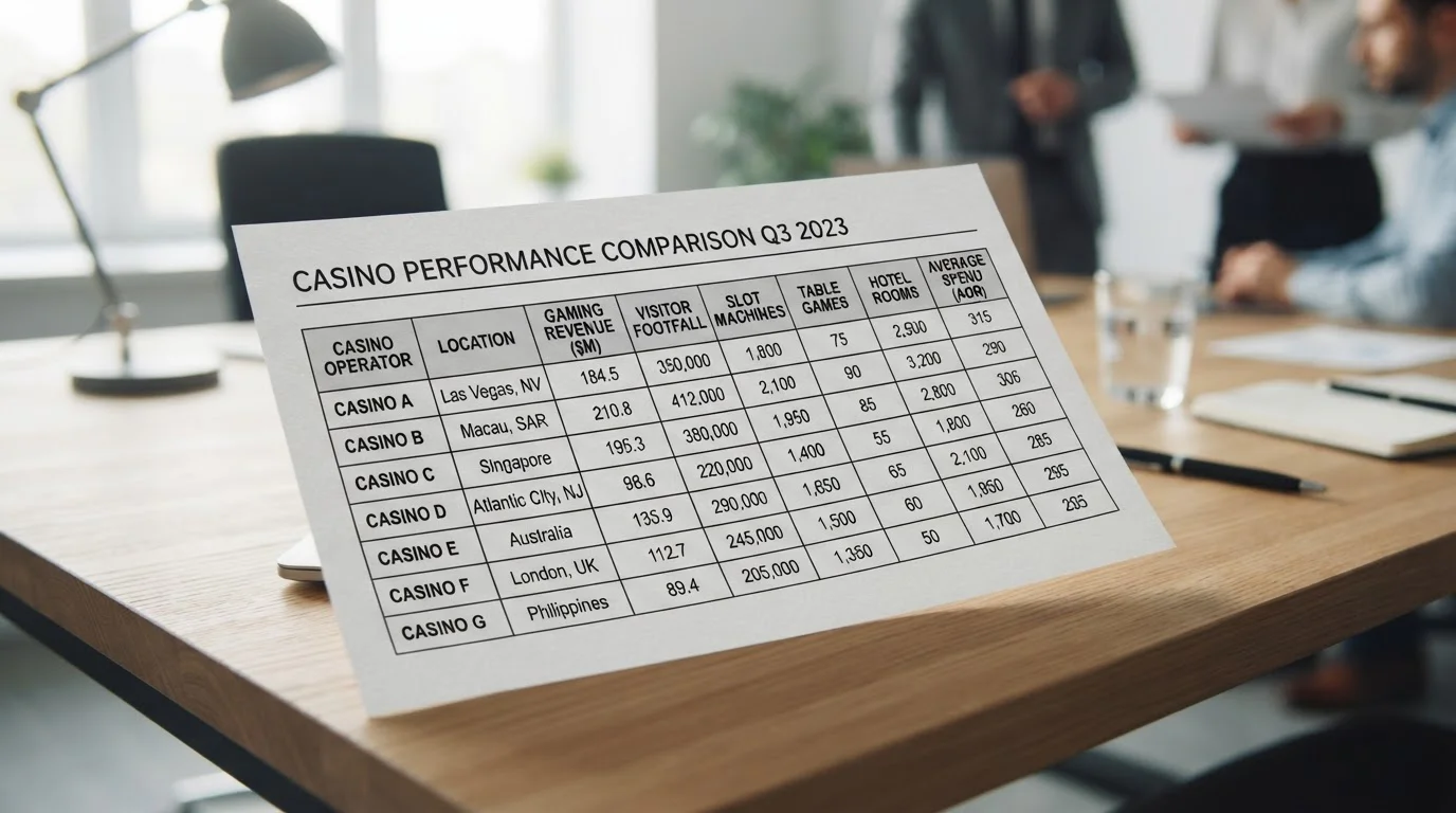 Documento comparativo con datos de múltiples casinos organizados en columnas sobre escritorio