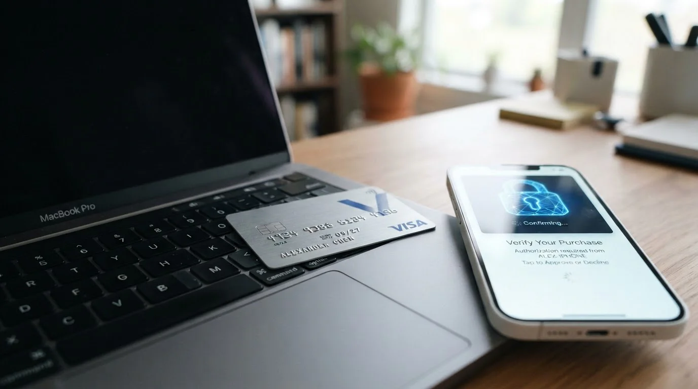 Tarjeta bancaria Visa sobre teclado con notificación de autenticación 3D Secure en móvil