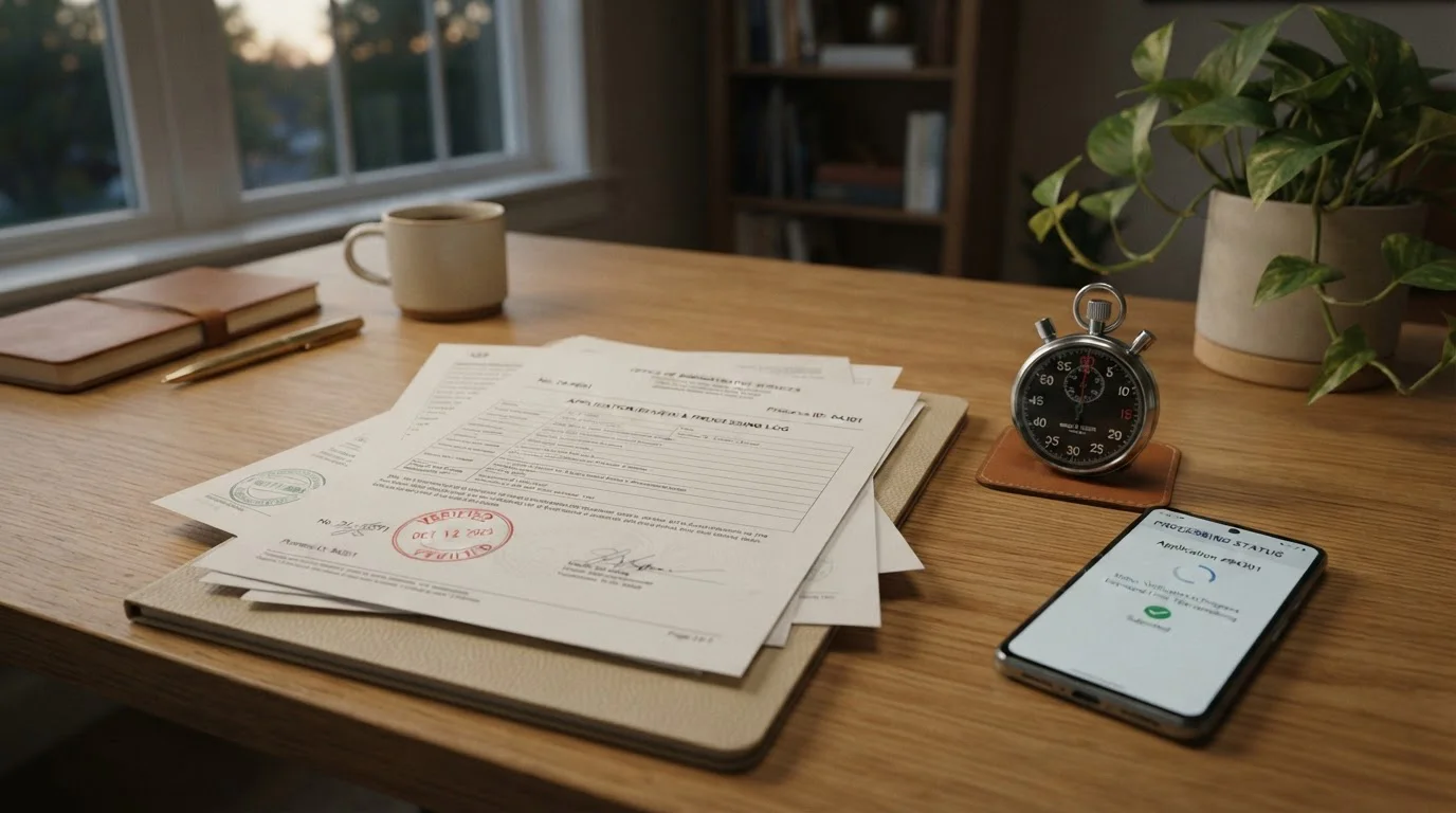 Cronómetro junto a documentos de verificación KYC y móvil mostrando estados de procesamiento