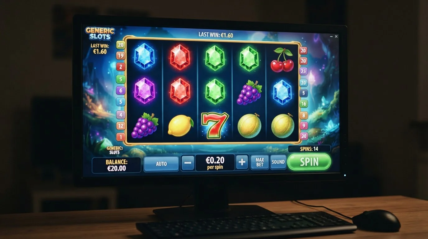 Pantalla de tragaperras online mostrando configuración de apuesta 0,20 euros con saldo visible de 20 euros y contador de tiradas