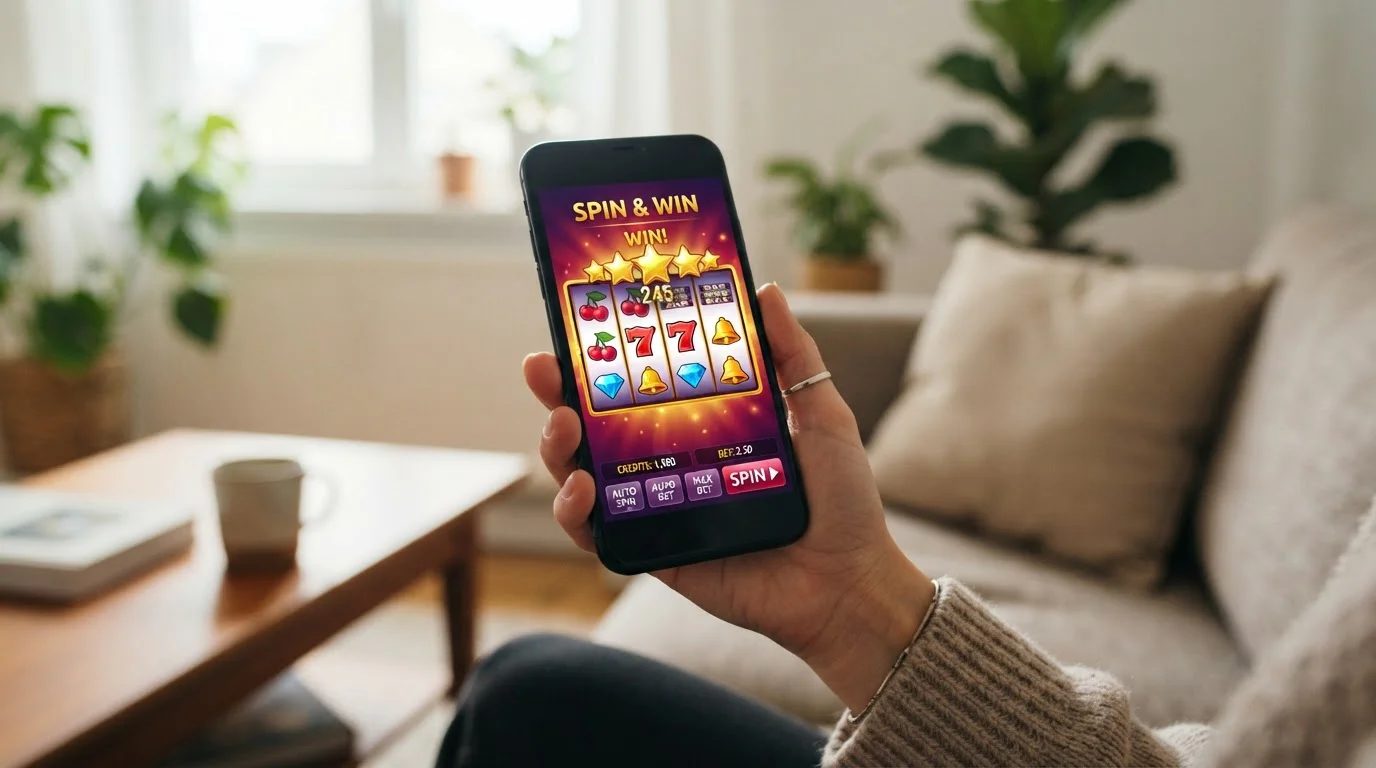 Smartphone mostrando interfaz de juego de tragaperras con mano sujetándolo
