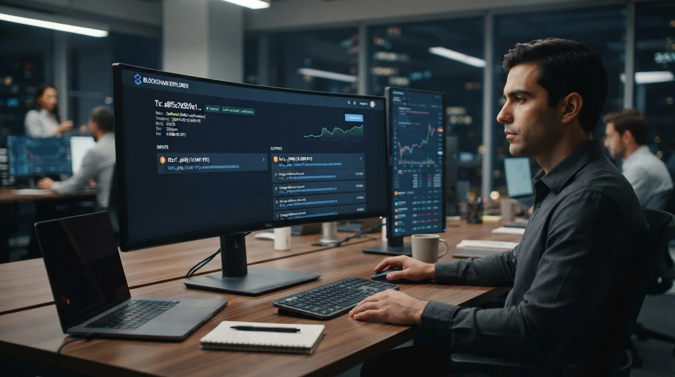 Transacción de Bitcoin visible en explorador de blockchain