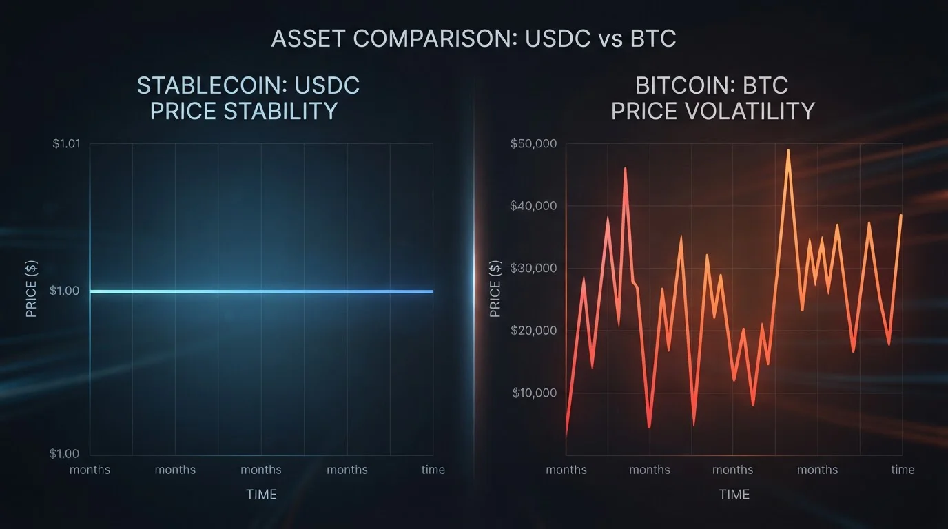 Comparativa visual de estabilidad USDC anclado a un dólar frente a volatilidad de Bitcoin