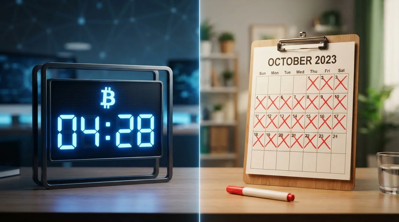 Cronómetro digital mostrando tiempo de procesamiento de retiro cripto comparado con días de espera bancaria