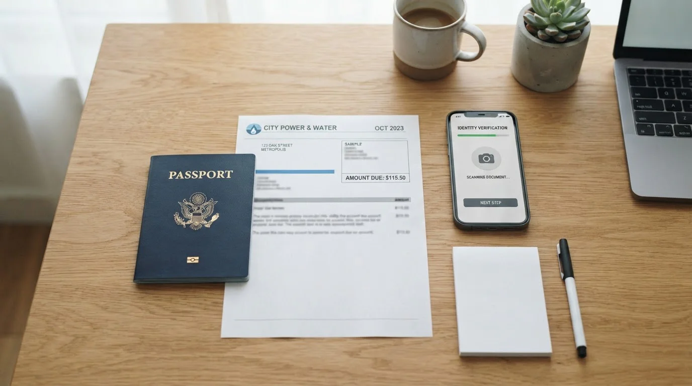 Vista cenital de documentos de verificación de identidad organizados sobre escritorio con smartphone