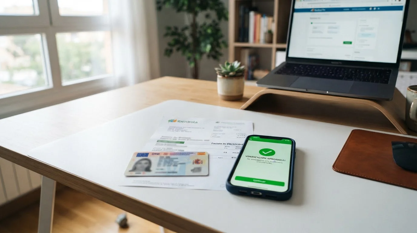 Documentos de verificación KYC sobre escritorio con smartphone mostrando notificación de aprobación