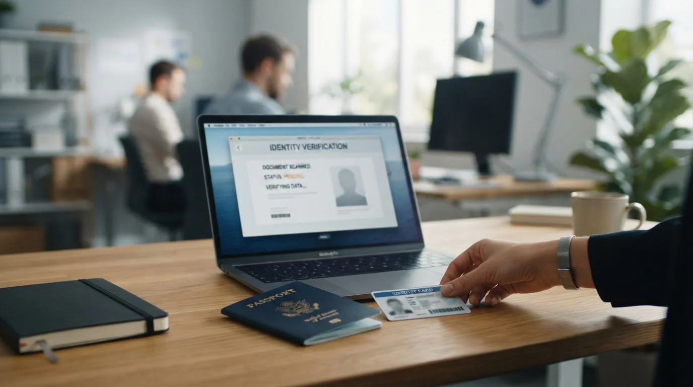 Pasaporte y documento de identidad sobre escritorio junto a portátil