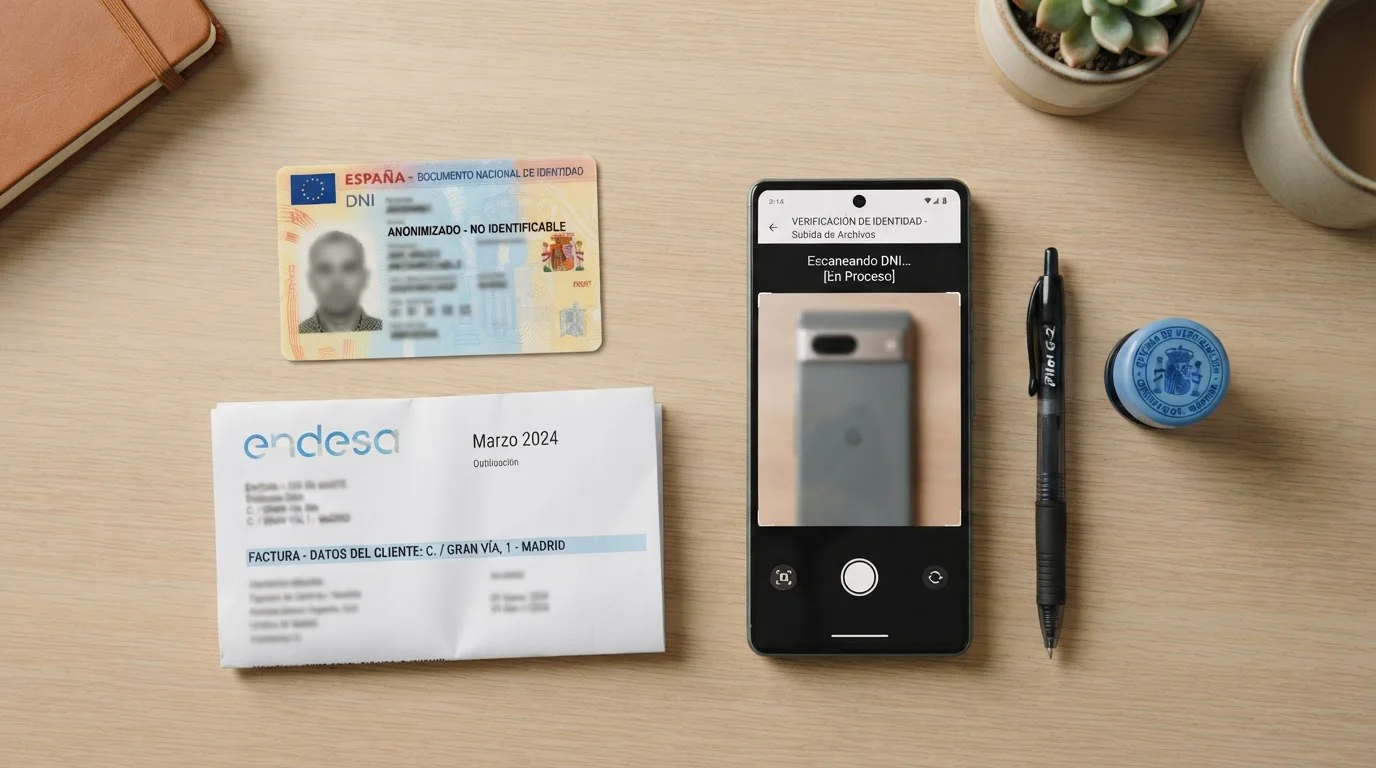 Flat lay de DNI español, factura servicio y smartphone mostrando interfaz subida documentos