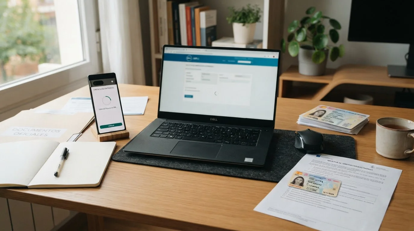Escritorio con documentos de identidad DNI y smartphone mostrando pantalla de verificación