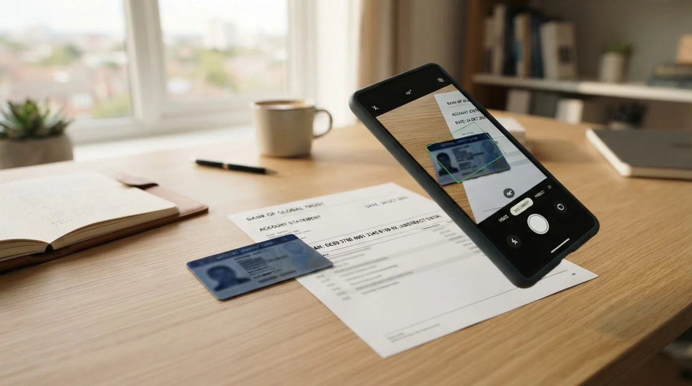 Documentos de verificación KYC: DNI y comprobante bancario sobre escritorio