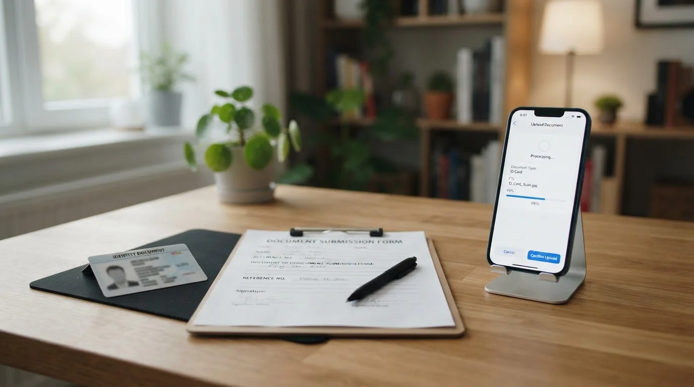 Escritorio con documento de identidad genérico, smartphone con interfaz de carga y formulario en papel