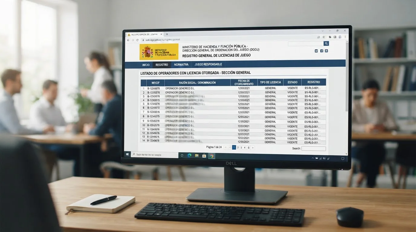 Registro público DGOJ en pantalla mostrando lista de operadores con licencia activa