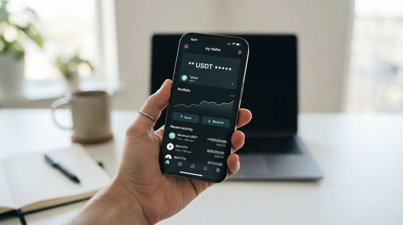 Smartphone mostrando interfaz de wallet cripto con saldo USDT