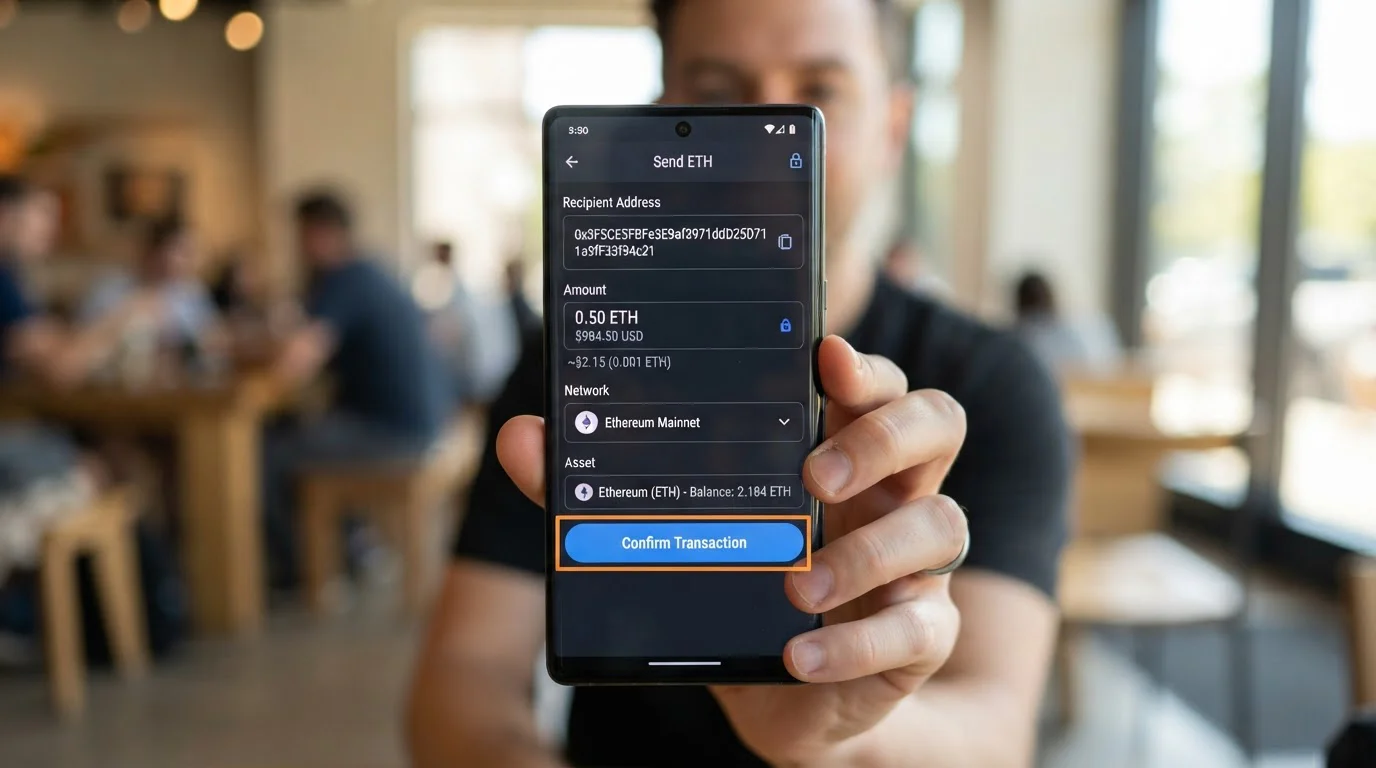 Interfaz de wallet mostrando envío de USDC con dirección y red seleccionada
