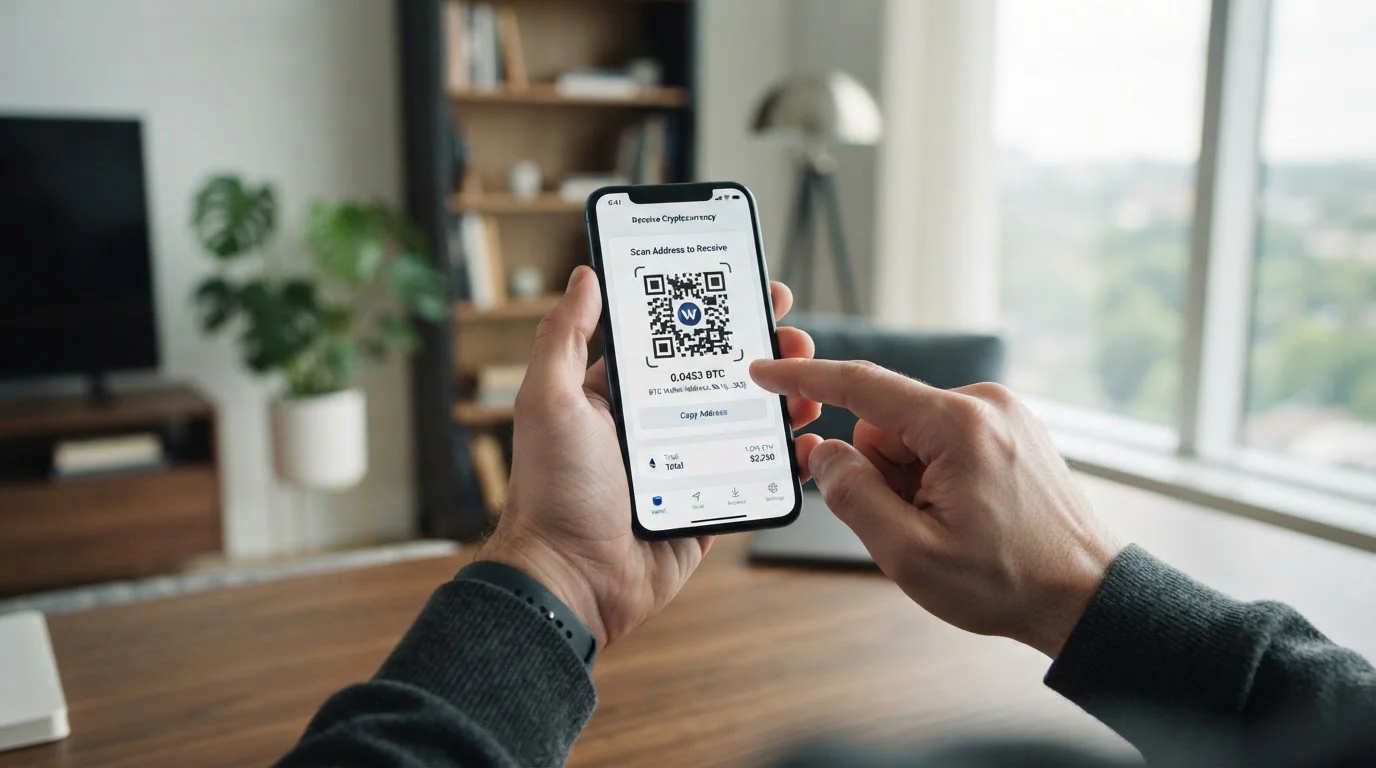 Mano sosteniendo smartphone con interfaz de wallet cripto y código QR visible